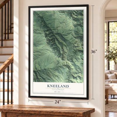 Kneeland, California map, 24 x 36 inch print in a black frame by a staircase
