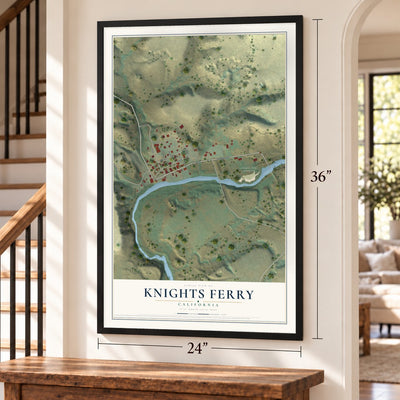 Knights Ferry, California map, 24 x 36 inch print in a black frame by a staircase