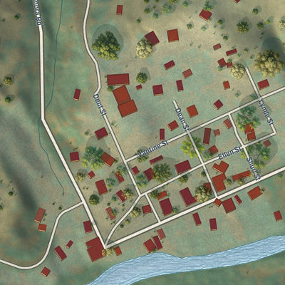 Close-up of the map of Knights Ferry, California print showing street and building detail