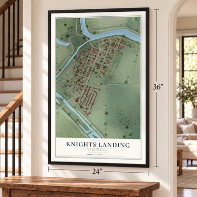 Knights Landing, California map, 24 x 36 inch print in a black frame by a staircase