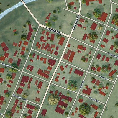 Close-up of the map of Knights Landing, California print showing street and building detail