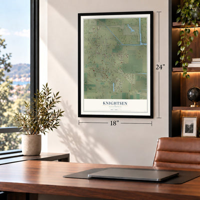 Knightsen, California map, 18 x 24 inch print in a black frame in a home office