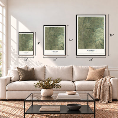 Knowles, California map in 12 x 18, 18 x 24 and 24 x 36 inch sizes above a sofa