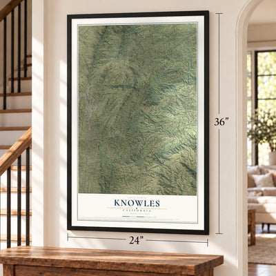 Knowles, California map, 24 x 36 inch print in a black frame by a staircase