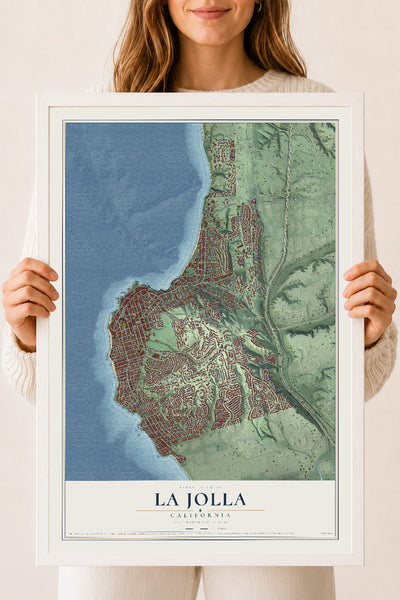 Map of La Jolla, California, 18 x 24 inch print in a white wood frame