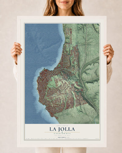 Map of La Jolla, California, 24 x 36 inch print in a white wood frame