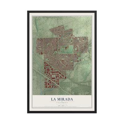 Map of La Mirada, California, 12 x 18 inch print in a black wood frame