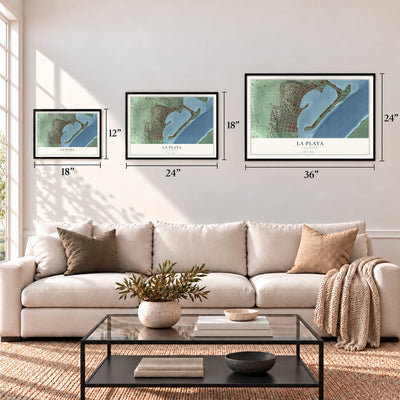 La Playa, California map in 12 x 18, 18 x 24 and 24 x 36 inch sizes above a sofa