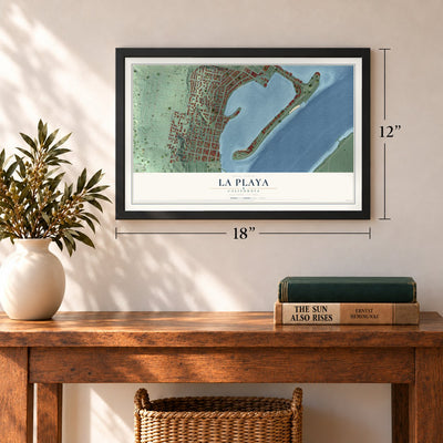 La Playa, California map, 12 x 18 inch print in a black frame in an entryway