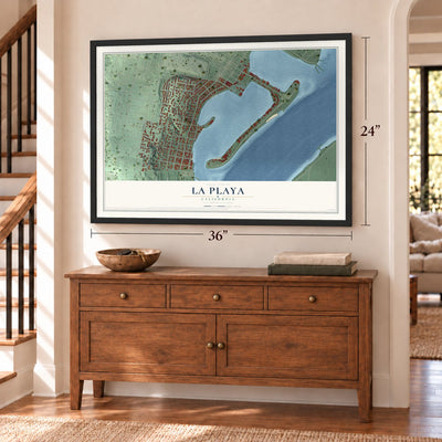 La Playa, California map, 24 x 36 inch print in a black frame above a dresser by a staircase