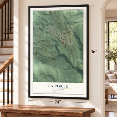 La Porte, California map, 24 x 36 inch print in a black frame by a staircase