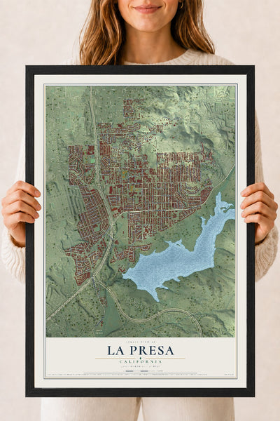 Map of La Presa, California, 18 x 24 inch print in a black wood frame
