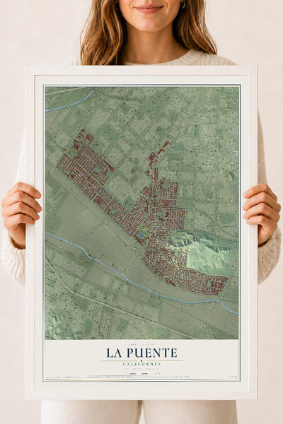 Map of La Puente, California, 18 x 24 inch print in a white wood frame