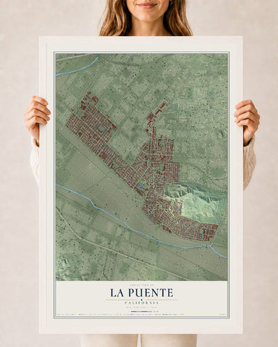 Map of La Puente, California, 24 x 36 inch print in a white wood frame