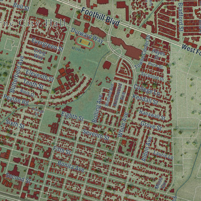 Second close-up of the map of La Verne, California print showing more streets and buildings