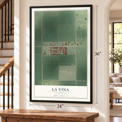 La Vina, California map, 24 x 36 inch print in a black frame by a staircase