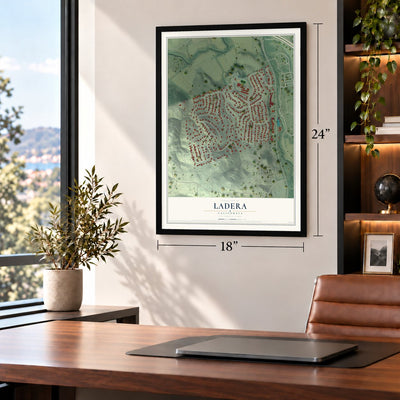 Ladera, California map, 18 x 24 inch print in a black frame in a home office