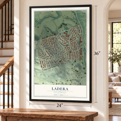 Ladera, California map, 24 x 36 inch print in a black frame by a staircase