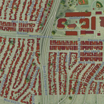 Close-up of the map of Ladera Heights, California print showing street and building detail