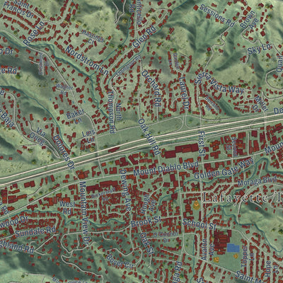 Close-up of the map of Lafayette, California print showing street and building detail