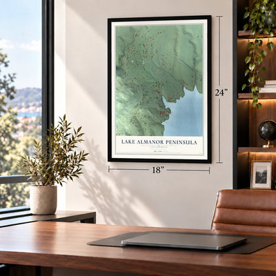 Lake Almanor Peninsula, California map, 18 x 24 inch print in a black frame in a home office