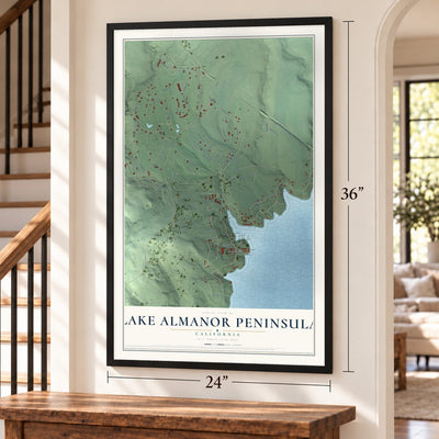 Lake Almanor Peninsula, California map, 24 x 36 inch print in a black frame by a staircase