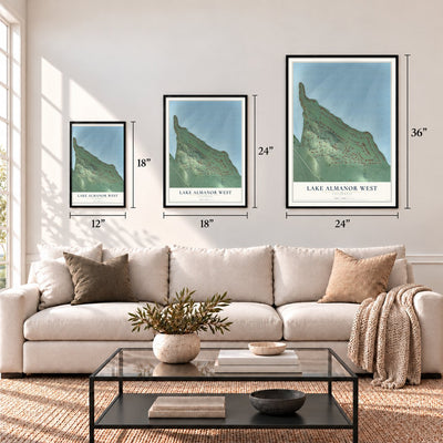 Lake Almanor West, California map in 12 x 18, 18 x 24 and 24 x 36 inch sizes above a sofa