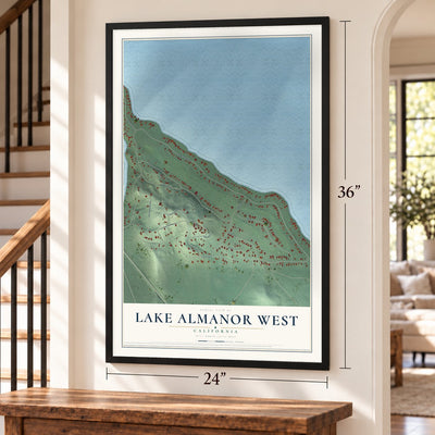 Lake Almanor West, California map, 24 x 36 inch print in a black frame by a staircase