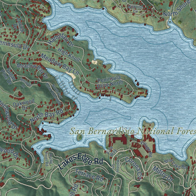 Close-up of the map of Lake Arrowhead, California print showing street and building detail