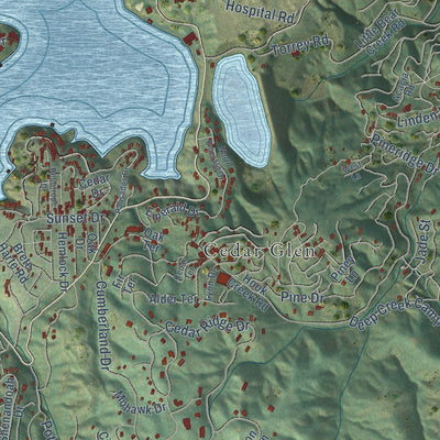 Second close-up of the map of Lake Arrowhead, California print showing more streets and buildings