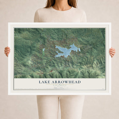 Map of Lake Arrowhead, California, 24 x 36 inch print in a white wood frame