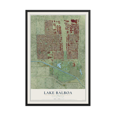 Map of Lake Balboa, California, 12 x 18 inch print in a black wood frame