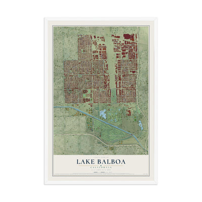 Map of Lake Balboa, California, 12 x 18 inch print in a white wood frame
