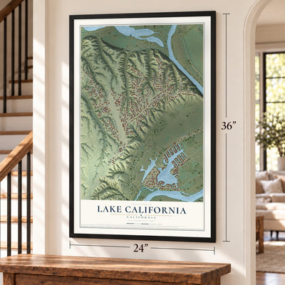 Lake California, California map, 24 x 36 inch print in a black frame by a staircase