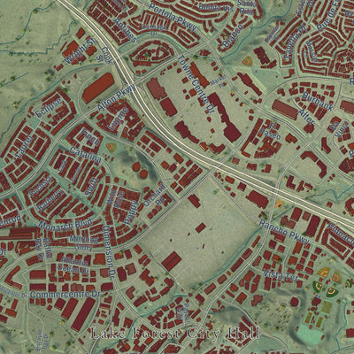 Second close-up of the map of Lake Forest, California print showing more streets and buildings
