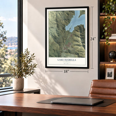 Lake Isabella, California map, 18 x 24 inch print in a black frame in a home office