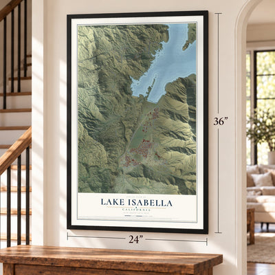 Lake Isabella, California map, 24 x 36 inch print in a black frame by a staircase