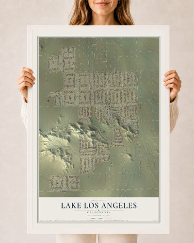 Map of Lake Los Angeles, California, 24 x 36 inch print in a white wood frame
