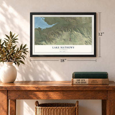 Lake Mathews, California map, 12 x 18 inch print in a black frame in an entryway