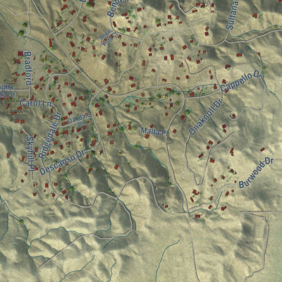 Close-up of the map of Lake Mathews, California print showing street and building detail