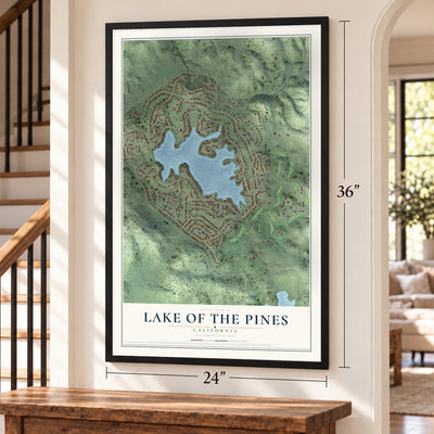 Lake of the Pines, California map, 24 x 36 inch print in a black frame by a staircase