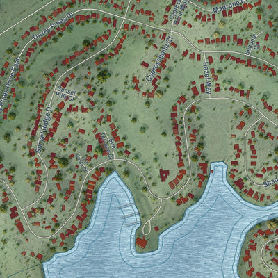 Close-up of the map of Lake of the Pines, California print showing street and building detail