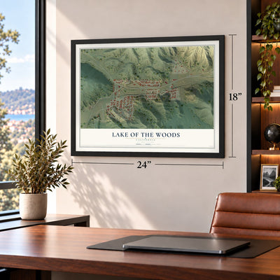 Lake of the Woods, California map, 18 x 24 inch print in a black frame in a home office