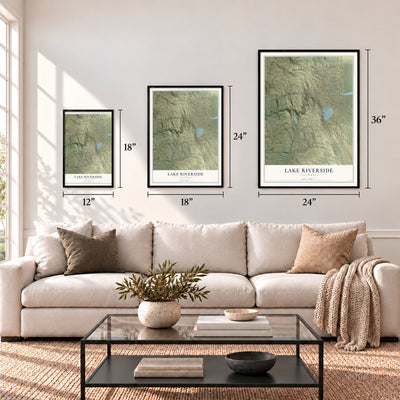 Lake Riverside, California map in 12 x 18, 18 x 24 and 24 x 36 inch sizes above a sofa