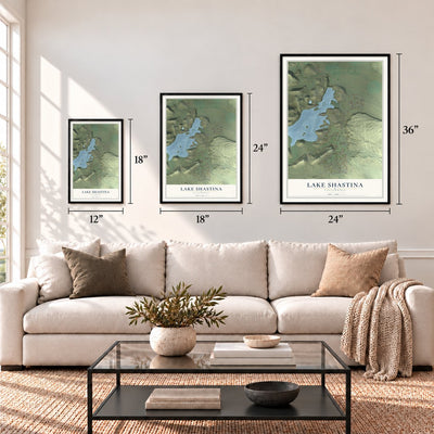 Lake Shastina, California map in 12 x 18, 18 x 24 and 24 x 36 inch sizes above a sofa