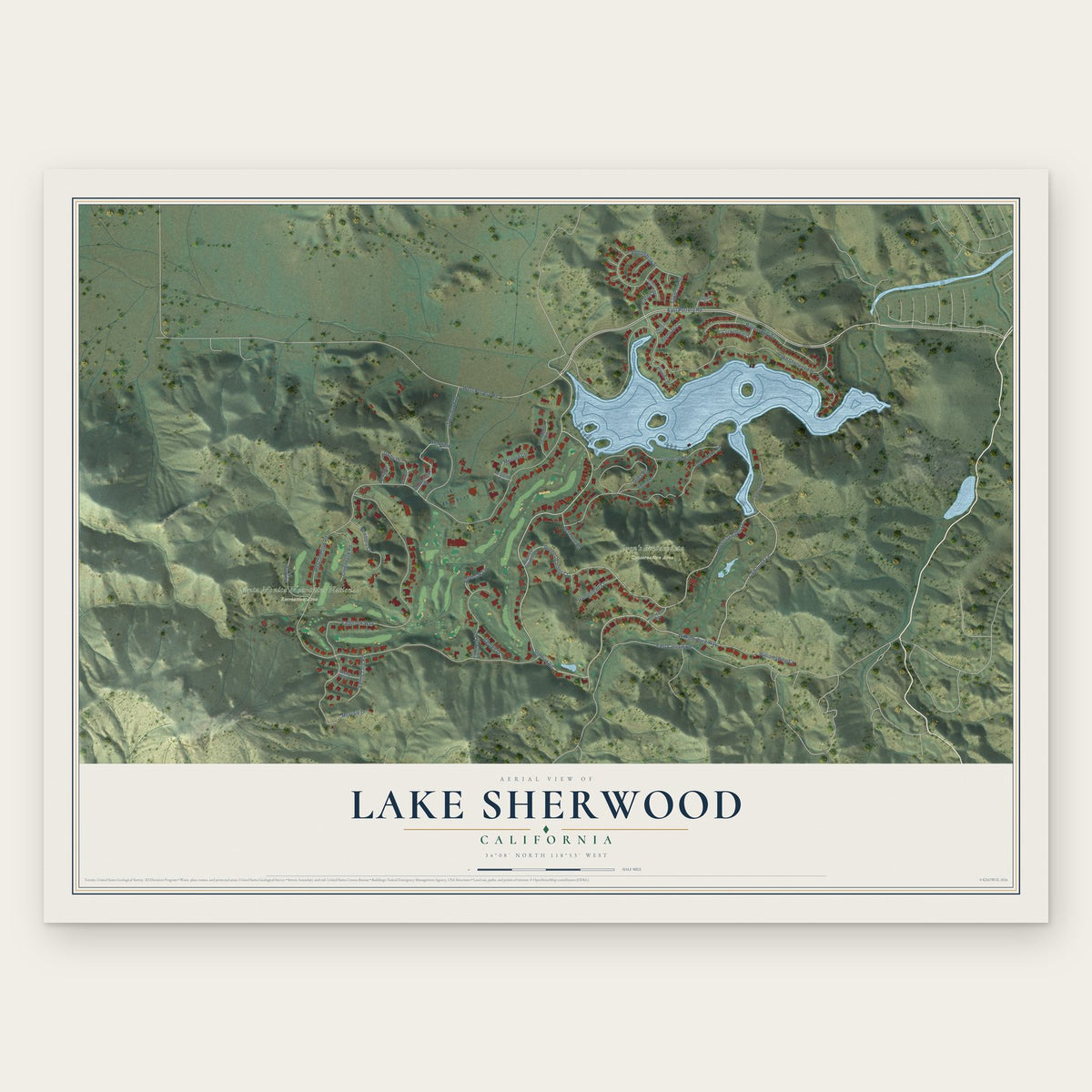 Lake Sherwood, California map print, the full design