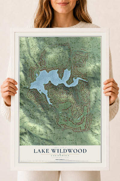 Map of Lake Wildwood, California, 18 x 24 inch print in a white wood frame