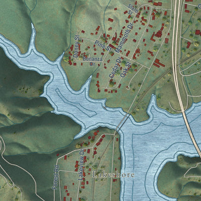 Close-up of the map of Lakehead, California print showing street and building detail