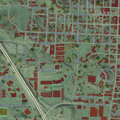 Close-up of the map of Lakeport, California print showing street and building detail
