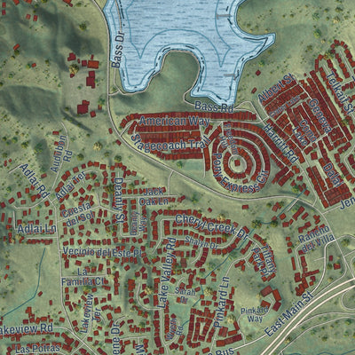 Close-up of the map of Lakeside, California print showing street and building detail
